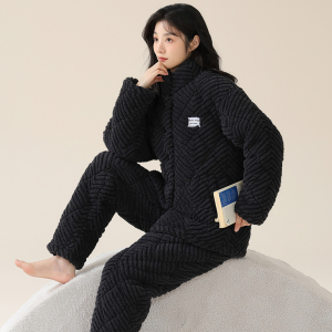 浪莎睡衣女秋冬季加绒加厚三层夹棉珊瑚绒保暖可外穿女家居服套装