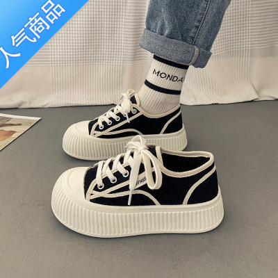 SUNTEK网红超火厚底饼干帆布鞋女2023春季新款时尚增高百搭休闲小白板鞋