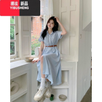YIBUSHENG季新款大码女胖mm显瘦通勤翻领连衣裙配腰带收腰a字开衫中长裙