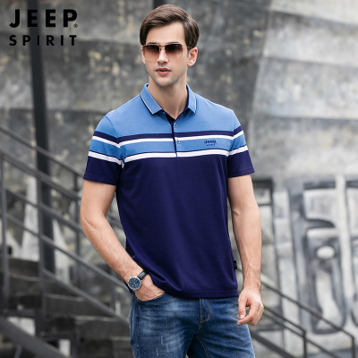 吉普JEEPPOLO衫男短袖2021年春夏中青年男士条纹翻领T恤上衣男装