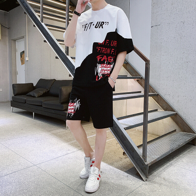珂卡慕(KEKAMU)短袖T恤男运动休闲套装潮流韩版帅气夏季宽松学生两件套白色M