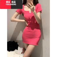 YIBUSHENG辣妹蓝色v领短袖t恤连衣裙女季小个子修身性感包臀a字短裙裙子