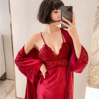 Ideamini丝绸睡衣女新款性感吊带睡裙两件套结婚睡袍新娘晨袍红色本命年