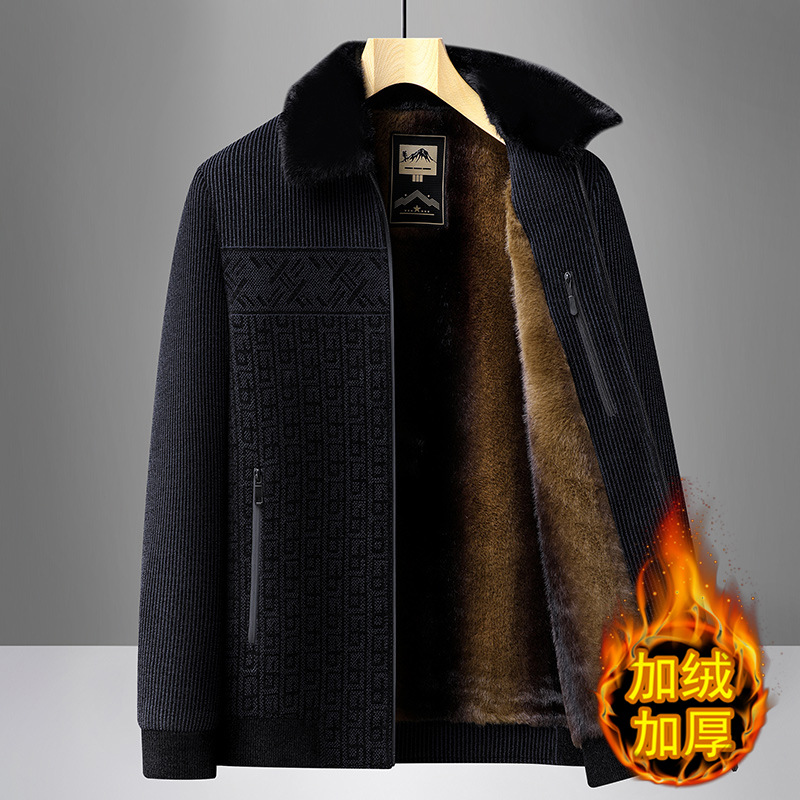 爸爸雪尼尔外套男秋冬款加绒加厚中老年毛呢保暖夹克中年男士冬装