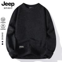 Jeep吉普男士毛衣春季潮流休闲圆领加厚保暖黑色打底针织衫男装