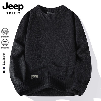 Jeep吉普男士毛衣春季潮流休闲圆领加厚保暖黑色打底针织衫男装