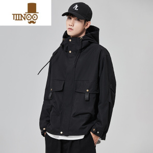 YANXU黑色户外工装夹克男士潮牌外套休闲宽松青少年冲锋衣