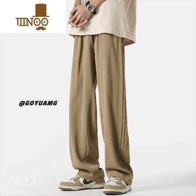 YANXU美式复古卡其色裤子男夏季潮牌设计感小众垂感直筒拖地休闲运动裤