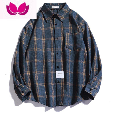 七斓韩版宽松格子衬衣潮情侣外套春季新款深蓝色秋装港风衬衫男士长袖