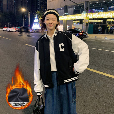 [1折价66.9元,叠加优惠券]秋冬季外套女拼接袖左胸字母短款棒球服上衣休闲百搭