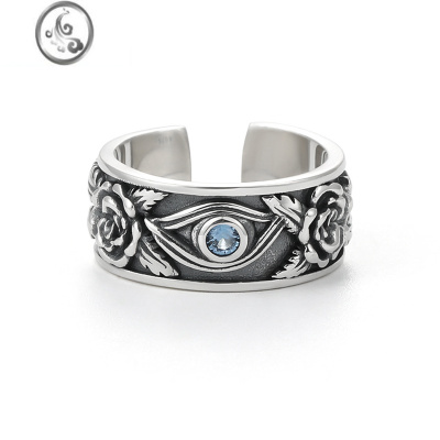 JiMi荷鲁斯之眼戒指s925银复古玫瑰锆石戒指环活口嘻哈潮男食指戒子女