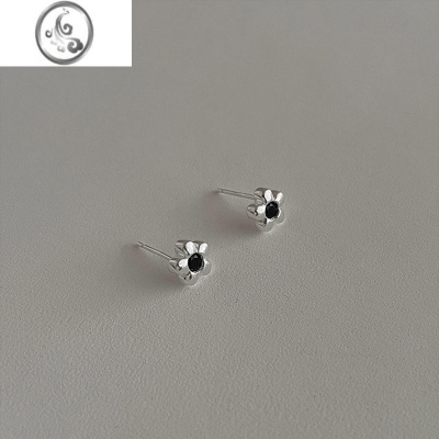 JiMi黑色小花朵耳钉女通体银银设计感高级耳环耳饰耳夹养耳洞