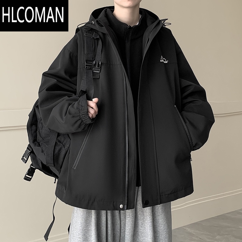 hlcoman三合一机能风冲锋棉衣外套男户外美式可拆卸摇粒绒连帽夹克