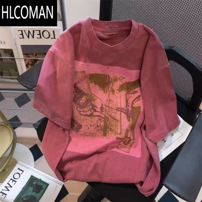 HLCOMAN酒红色复古vintage水洗做旧t恤男女夏季宽松美式国潮高街短袖上衣