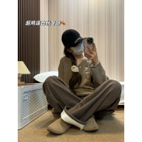 咖色加绒糯米裤女秋冬季加厚棉裤外穿直筒宽松韩系慵懒窄版阔腿裤