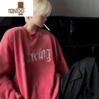 YANXU水洗做旧卫衣男美式高街长袖潮牌字母印花oversize圆领外套