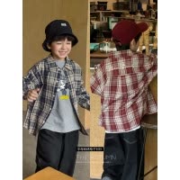 童酷男童秋款湖州织里童装中小童洋气字母刺绣格子儿童衬衫潮