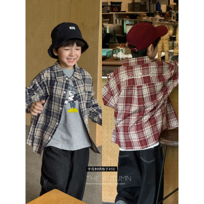 童酷男童秋款湖州织里童装中小童洋气字母刺绣格子儿童衬衫潮