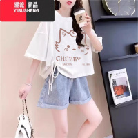 YIBUSHENG看小个子抽绳短袖t恤女季显瘦遮肉短款卡通上衣