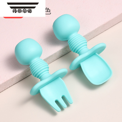 拓斯帝诺宝宝硅胶勺子学吃饭训练小短柄舔舔勺婴儿童餐具套装辅食软勺叉子舔舔叉勺-暮青色（送收纳盒）