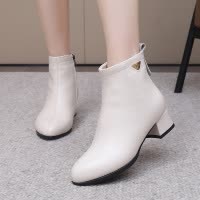 真皮短靴女秋冬加绒棉鞋中跟加绒女靴粗跟裸靴中年妈妈棉鞋字