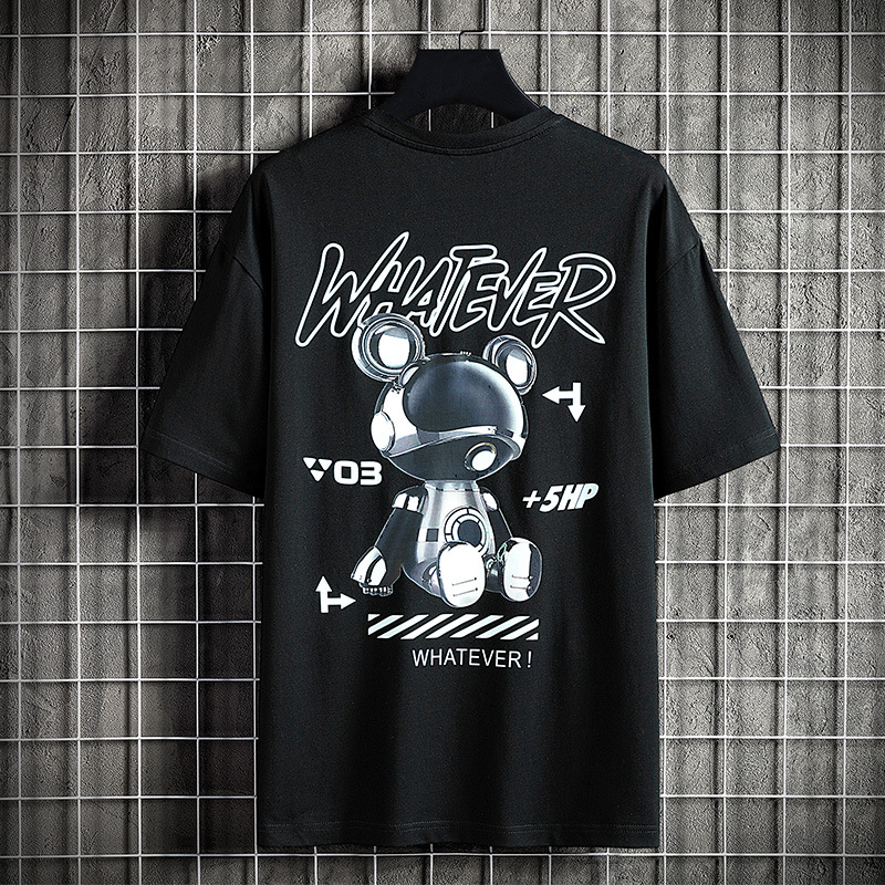 重磅短袖T恤男士夏季新款美式潮流印花熊圆领半袖宽松休闲上衣服