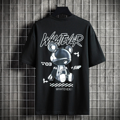 重磅短袖T恤男士夏季新款美式潮流印花熊圆领半袖宽松休闲上衣服