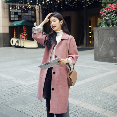 七斓呢子大衣女中长款韩版2020年新款人字纹温柔风宽松毛呢外套毛呢外套