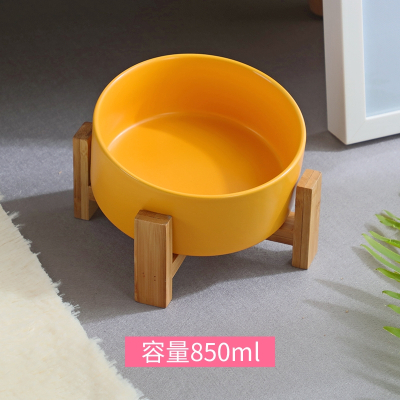 新品大容量猫粮碗猫碗饮水陶瓷猫食盆米妮猫咪防打翻宠物狗碗狗盆_竹木架黄色碗_成年猫小型犬