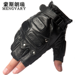 蒙斯朗瑞 皮手套男士户外运动骑行手套露指军迷战术半指手套男羊皮铆钉摩托车手套 黑色