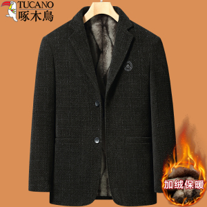 啄木鸟爸爸冬装外套装中年加绒加厚毛呢子西装男中老年人50岁西服