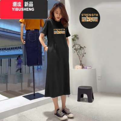 YIBUSHENG大码女装短袖t恤连衣裙季宽松中长款过膝长裙休闲天裙子