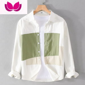 七斓春季新品小清新简约拼接撞色休闲男衬衫宽松百搭网红棉衬衣男