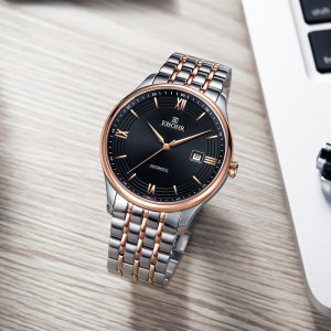 依波(EBOHR)大师系列男士自动机械表商务国表百搭防水实心钢带手表送男友礼物 玫金框黑盘 5087