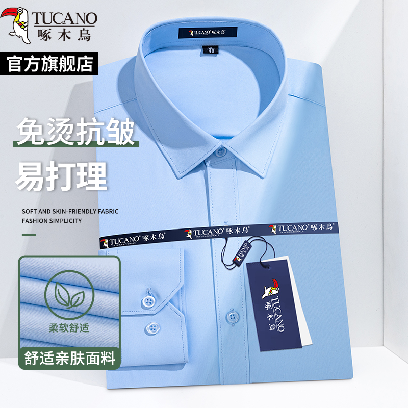 啄木鸟蓝色男士长袖衬衫春秋季商务休闲免烫抗皱职业正装工装衬衣