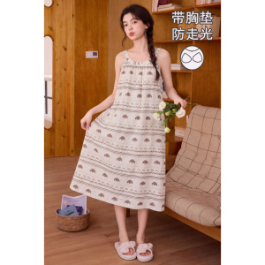 韩版清新小碎花云朵棉带胸垫睡裙女夏季中长款宽松家居服连衣裙