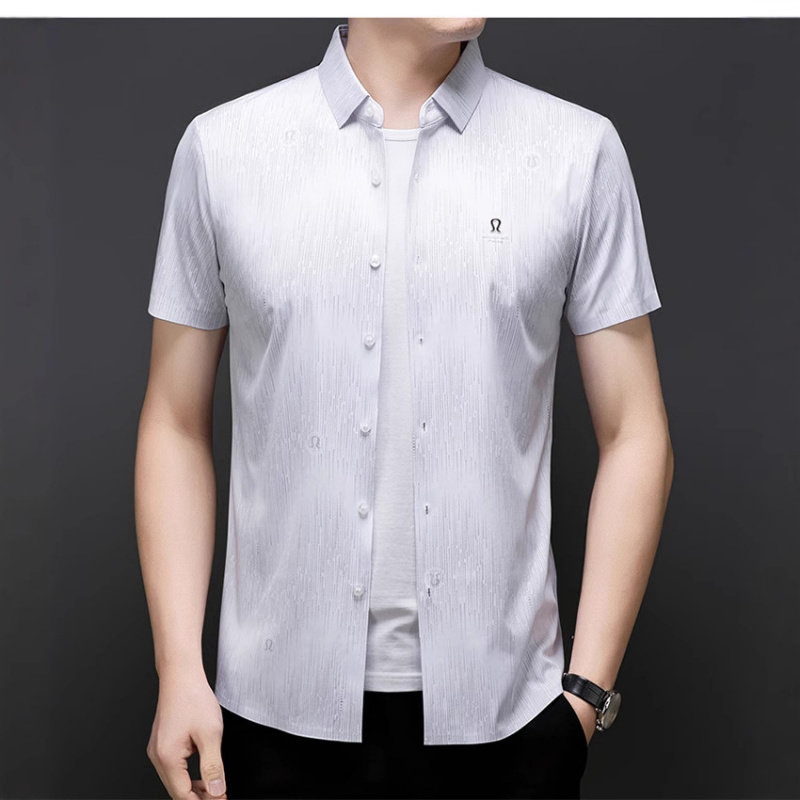 男装2025夏季新款刺绣商务短袖衬衫男翻领纯色休闲男衬衫_42