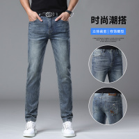 春夏季蓝色牛仔裤后口袋刺绣薄款修身小直筒潮流百搭欧货