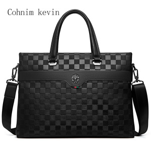 MKJ欧美时尚休闲真皮男士手提包商务单肩经典格子手拎男包14寸电脑文件公文包2024新款 C01878（头层牛皮配防水PU）