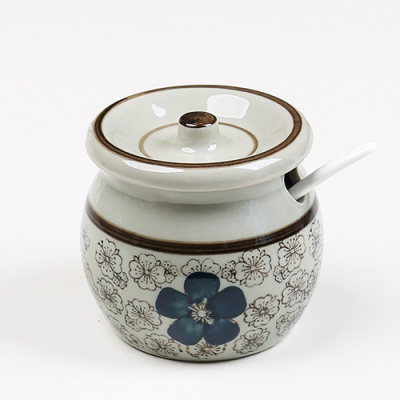 调料罐陶瓷调料盒带盖勺酱汁家用手绘辣椒油罐厨房调味料盒油盐罐 敬平 蓝富贵调味罐