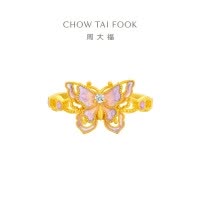 周大福灵蝶紫色鎏彩蝴蝶足金黄金镶钻戒指女生日礼物ERU127七夕礼物