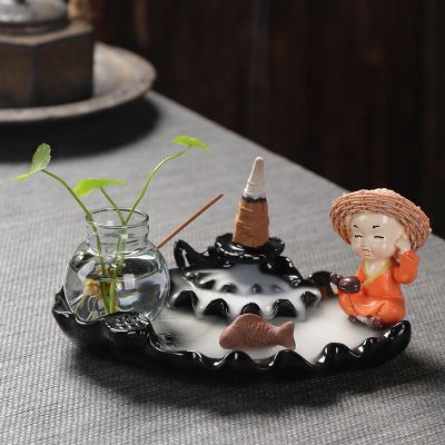 家用倒流香炉陶瓷熏香炉茶道家居禅意茶宠摆件莲莲有鱼不听-送280颗倒流香+线香40支+香夹