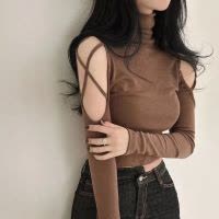 辣妹露肩高领堆堆领短款紧身长袖T恤女春秋新款露脐镂空别致上衣