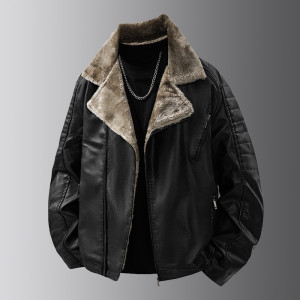 2025年冬季男经典时尚休闲加绒皮衣夹克外套多层保暖内里蓄热
