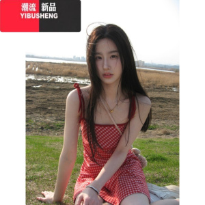 YIBUSHENG温柔韩系格子吊带裙女新款收腰露背度假风绝美气质法式连衣裙子