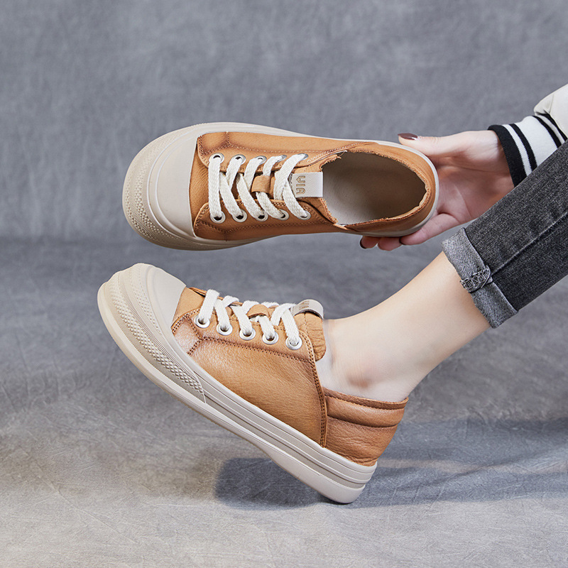 2024春季新款系带单鞋女真皮复古软皮软底百搭系带大头鞋休闲板鞋