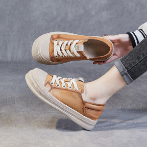 2024春季新款系带单鞋女真皮复古软皮软底百搭系带大头鞋休闲板鞋