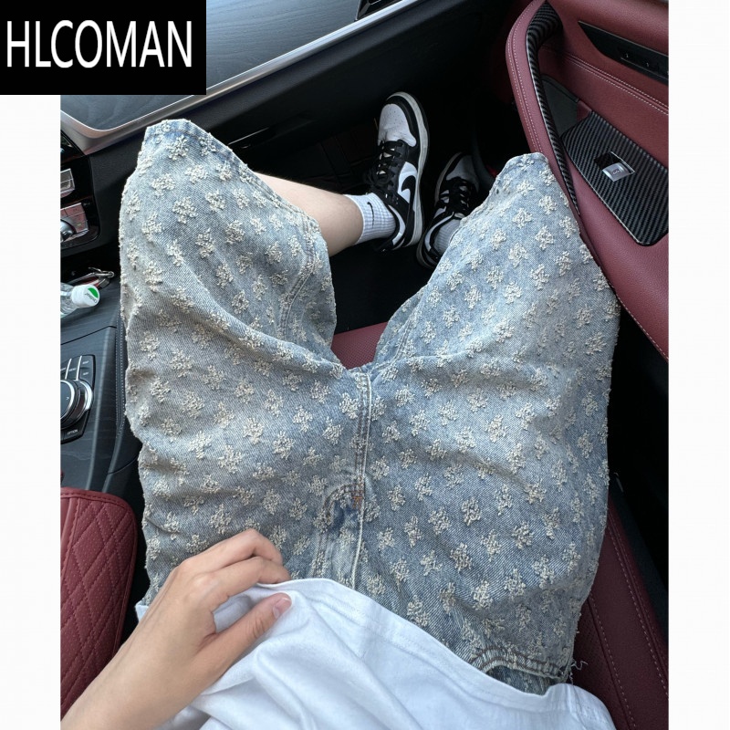 HLCOMAN满印提花美式复古牛仔短裤男夏季薄款hiphop裤子潮牌设计感五分裤