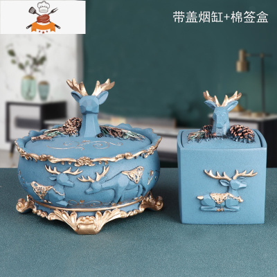 轻奢北欧ins牙签盒带盖棉签盒可爱家用创意组合套装化妆棉收纳盒 敬平 三格款小鹿棉签盒A+烟缸带脚牙签筒