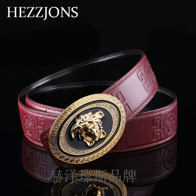 赫泽琼斯HEZZJONS品牌腰带进口意大利牛皮皮带青年时尚休闲红色裤带正品美杜莎扣皮带红色本命年腰带